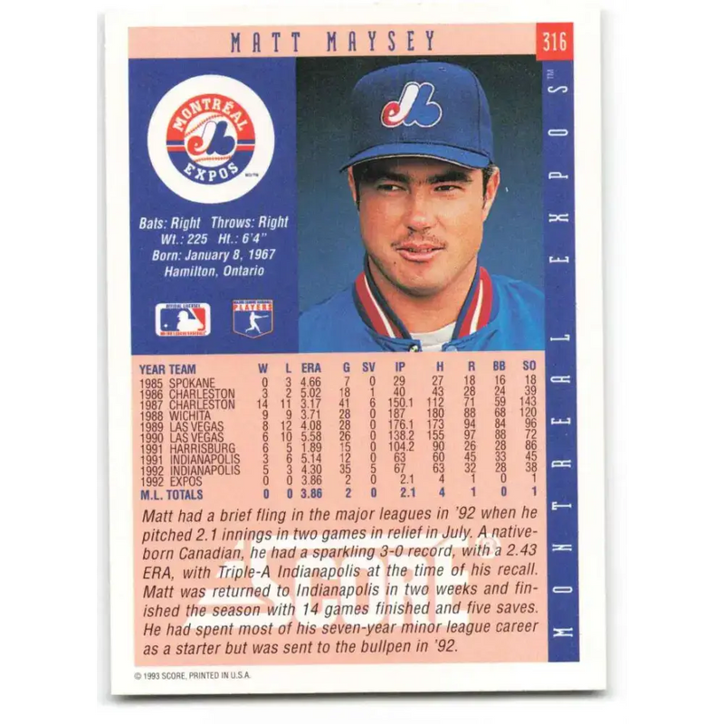 1993 Score #316 Matt Maysey NM-MT Montreal Expos Baseball Card - Baseball Card Single