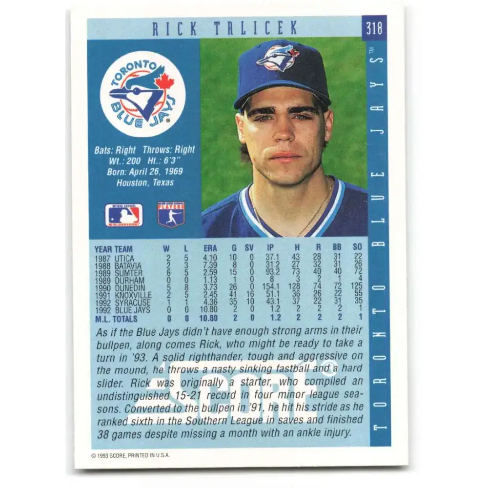 1993 Score #318 Rick Trlicek NM-MT Toronto Blue Jays Baseball Card - Baseball Card Single