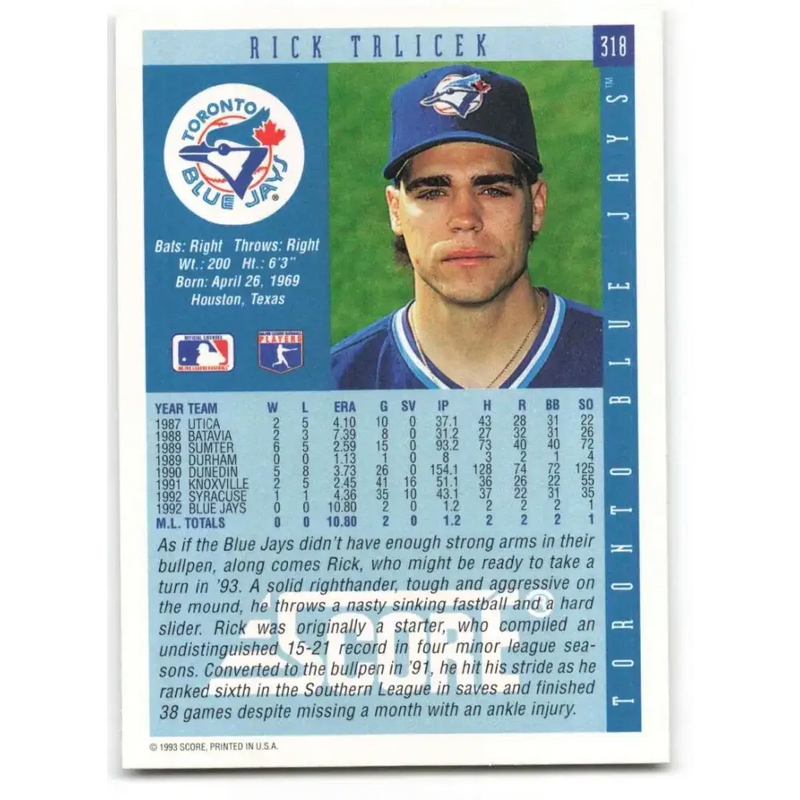 1993 Score #318 Rick Trlicek NM-MT Toronto Blue Jays Baseball Card - Baseball Card Single