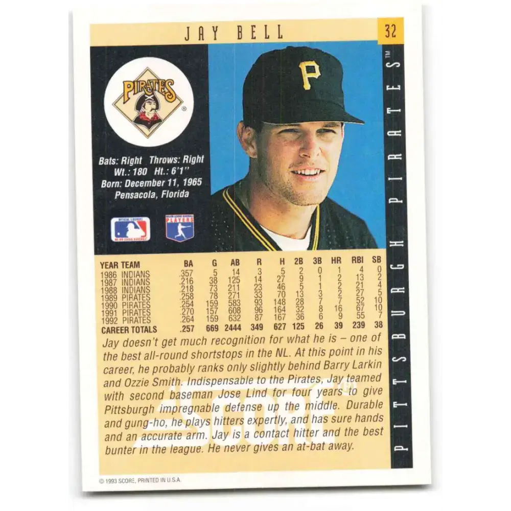 1993 Score #32 Jay Bell NM-MT Pittsburgh Pirates Baseball Card - Baseball Card Single