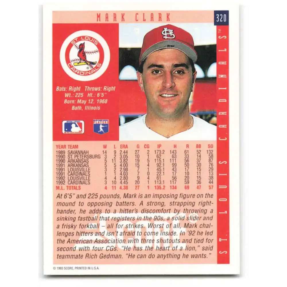 1993 Score #320 Mark Clark NM-MT St. Louis Cardinals Baseball Card - Baseball Card Single