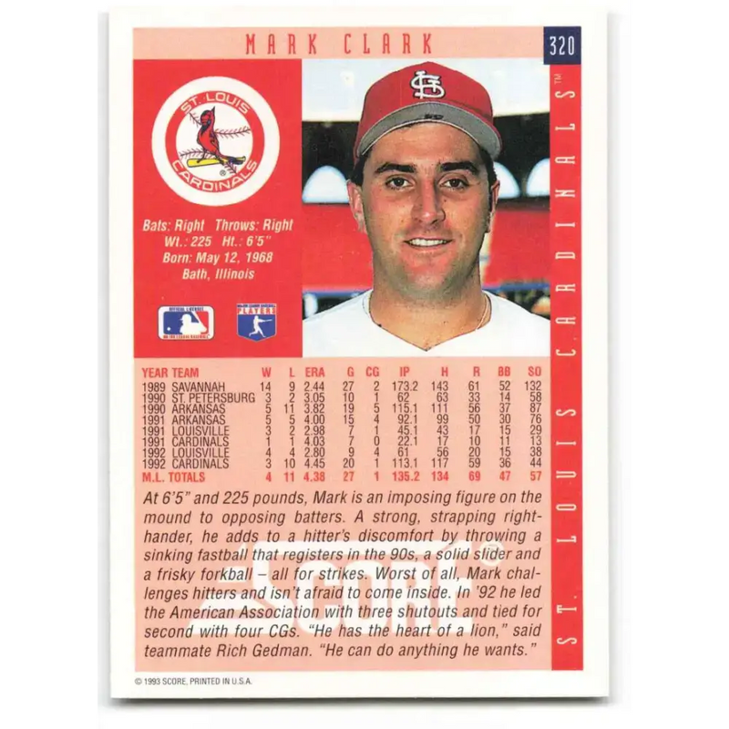 1993 Score #320 Mark Clark NM-MT St. Louis Cardinals Baseball Card - Baseball Card Single