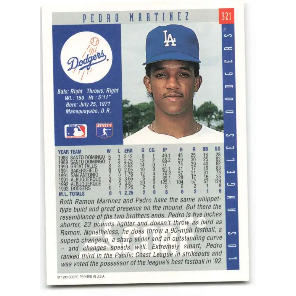 1993 Score #321 Pedro Martinez NM-MT Los Angeles Dodgers Baseball Card - Baseball Card Single