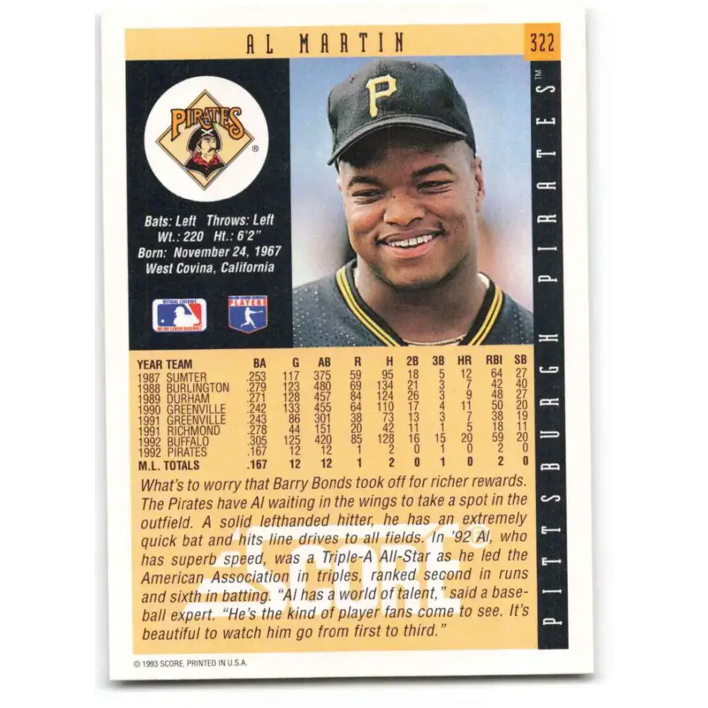 1993 Score #322 Al Martin NM-MT Pittsburgh Pirates Baseball Card - Baseball Card Single
