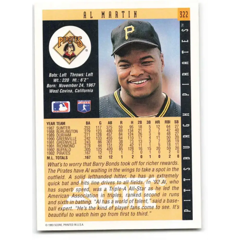 1993 Score #322 Al Martin NM-MT Pittsburgh Pirates Baseball Card - Baseball Card Single