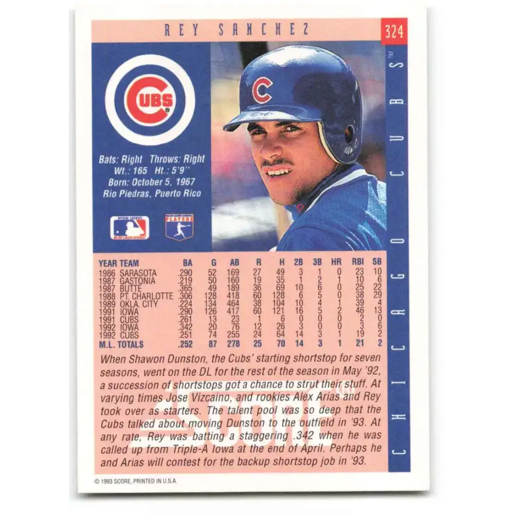 1993 Score #324 Rey Sanchez NM-MT Chicago Cubs Baseball Card - Baseball Card Single