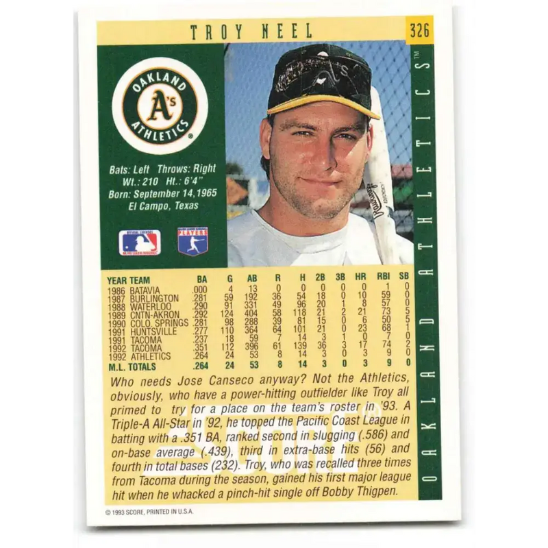 1993 Score #326 Troy Neel NM-MT Oakland Athletics Baseball Card - Baseball Card Single