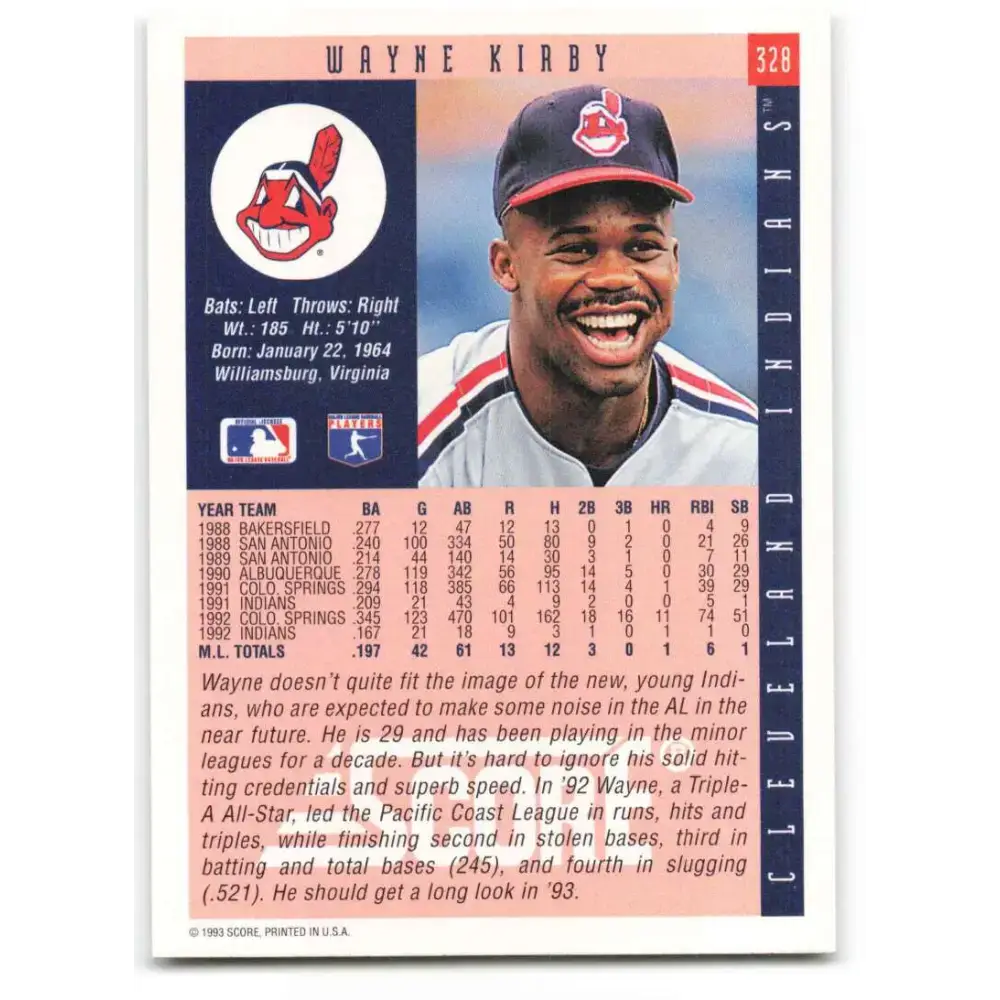 1993 Score #328 Wayne Kirby NM-MT Cleveland Indians Baseball Card - Baseball Card Single