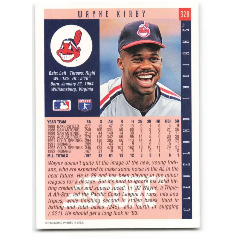1993 Score #328 Wayne Kirby NM-MT Cleveland Indians Baseball Card - Baseball Card Single