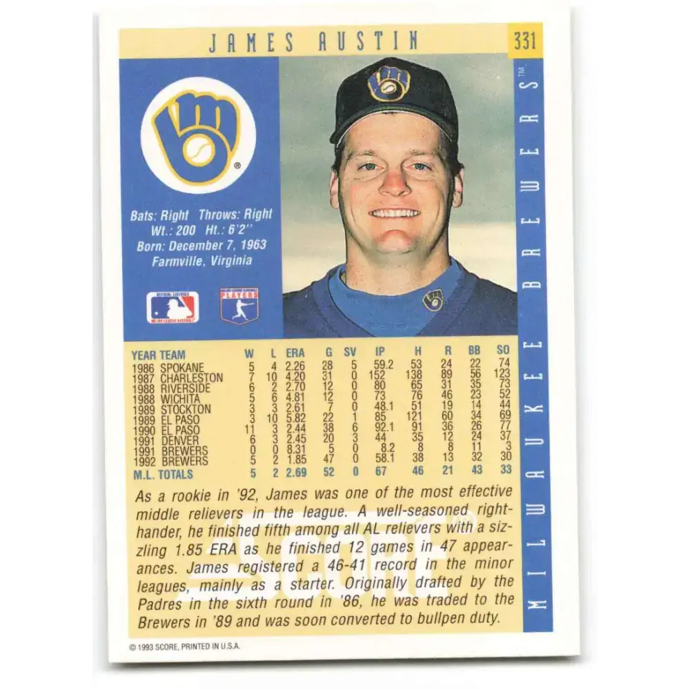 1993 Score #331 Jim Austin NM-MT Milwaukee Brewers Baseball Card - Baseball Card Single