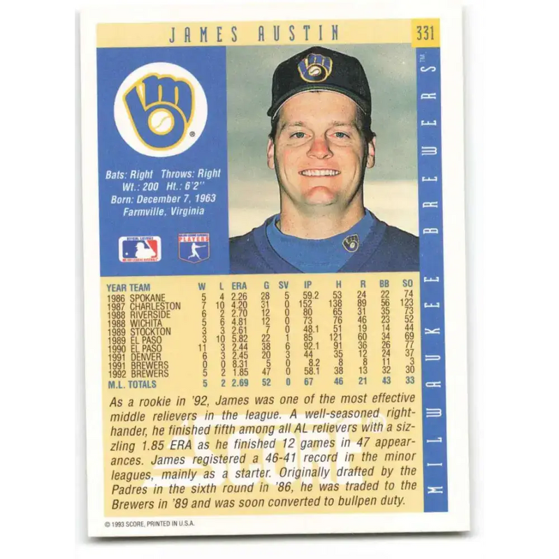 1993 Score #331 Jim Austin NM-MT Milwaukee Brewers Baseball Card - Baseball Card Single