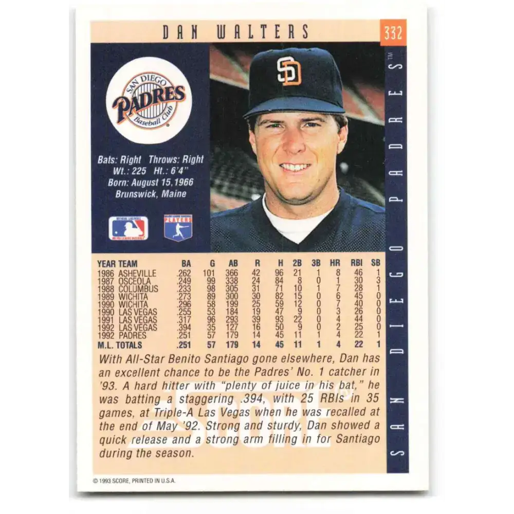 1993 Score #332 Dan Walters NM-MT San Diego Padres Baseball Card - Baseball Card Single