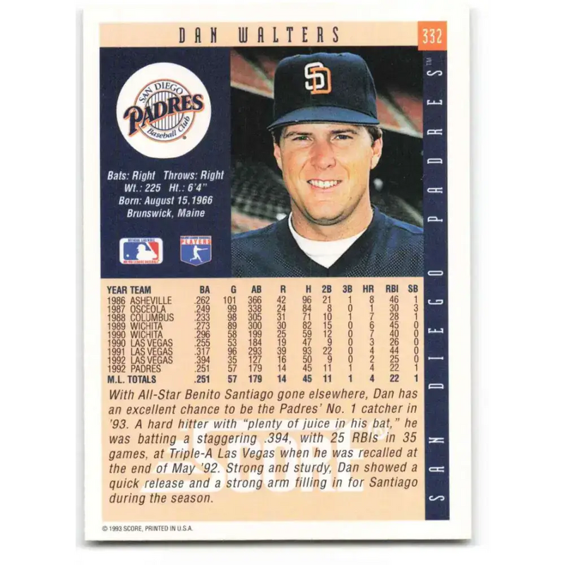 1993 Score #332 Dan Walters NM-MT San Diego Padres Baseball Card - Baseball Card Single