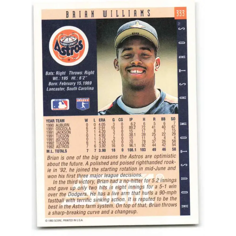 1993 Score #333 Brian Williams NM-MT Houston Astros Baseball Card - Baseball Card Single