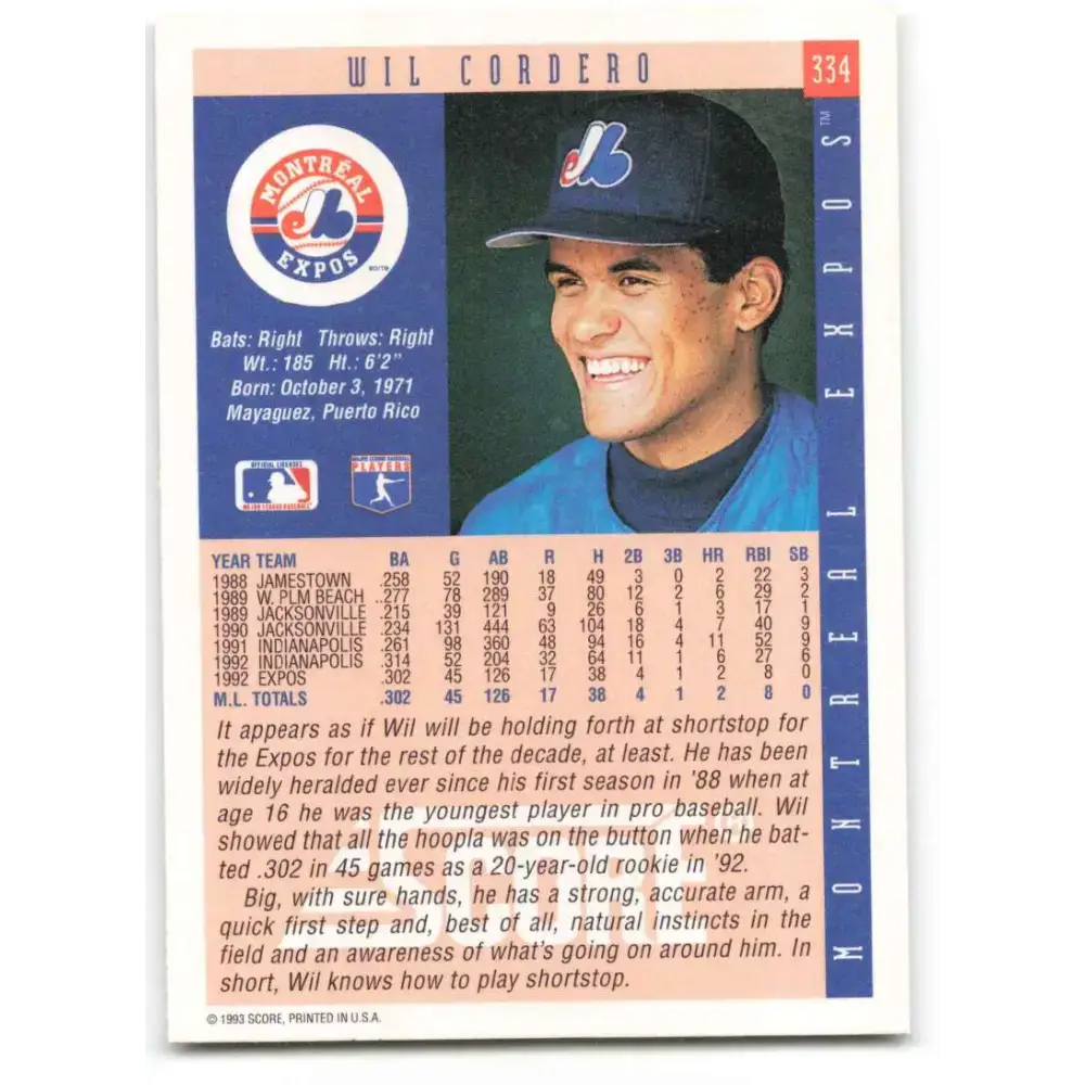 1993 Score #334 Wil Cordero NM-MT Montreal Expos Baseball Card - Baseball Card Single
