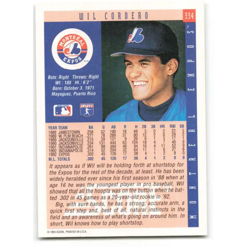 1993 Score #334 Wil Cordero NM-MT Montreal Expos Baseball Card - Baseball Card Single