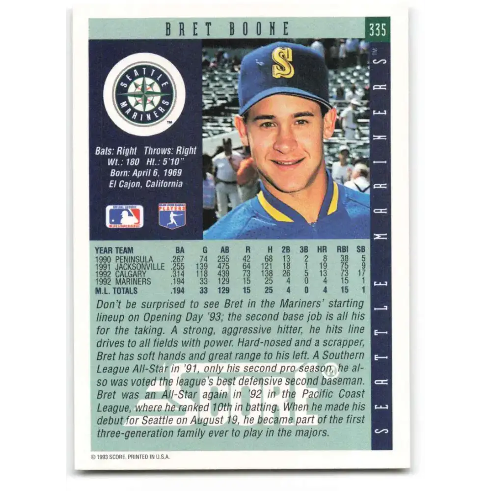 1993 Score #335 Bret Boone NM-MT Seattle Mariners Baseball Card - Baseball Card Single