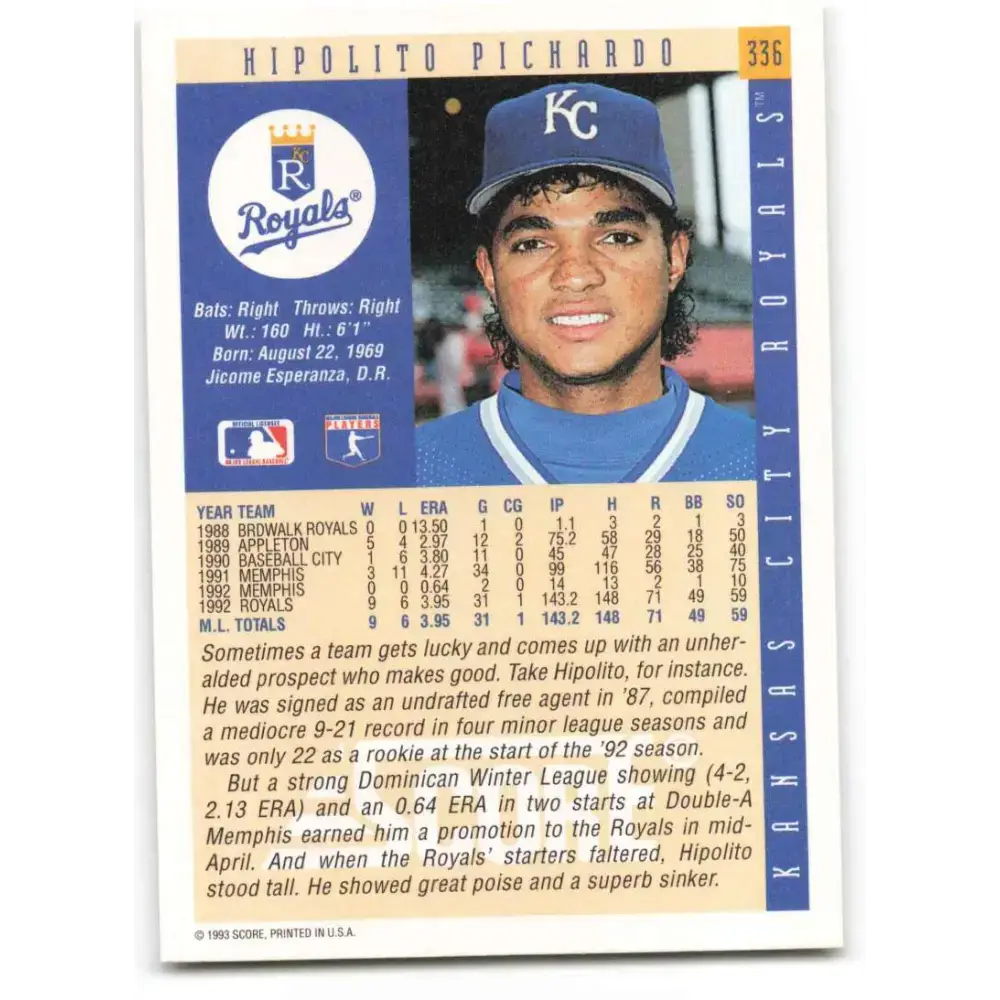 1993 Score #336 Hipolito Pichardo NM-MT Kansas City Royals Baseball Card - Baseball Card Single