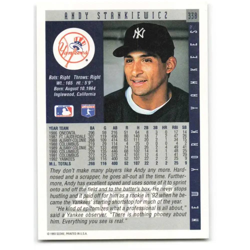 1993 Score #338 Andy Stankiewicz NM-MT New York Yankees Baseball Card - Baseball Card Single
