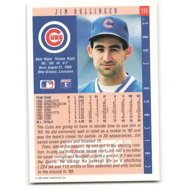 1993 Score #339 Jim Bullinger NM-MT Chicago Cubs Baseball Card - Baseball Card Single