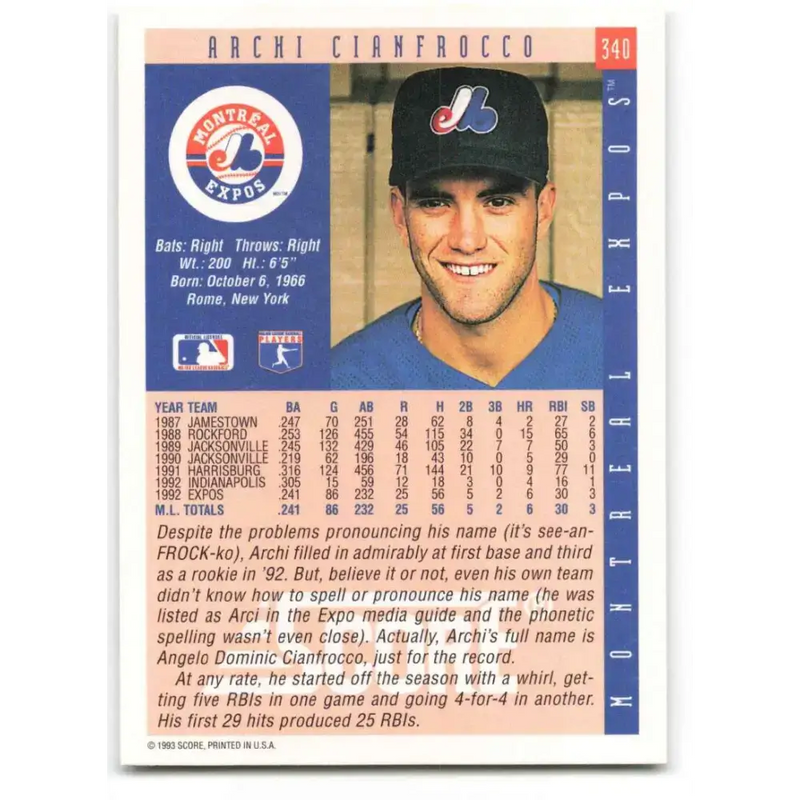 1993 Score #340 Archi Cianfrocco NM-MT Montreal Expos Baseball Card - Baseball Card Single