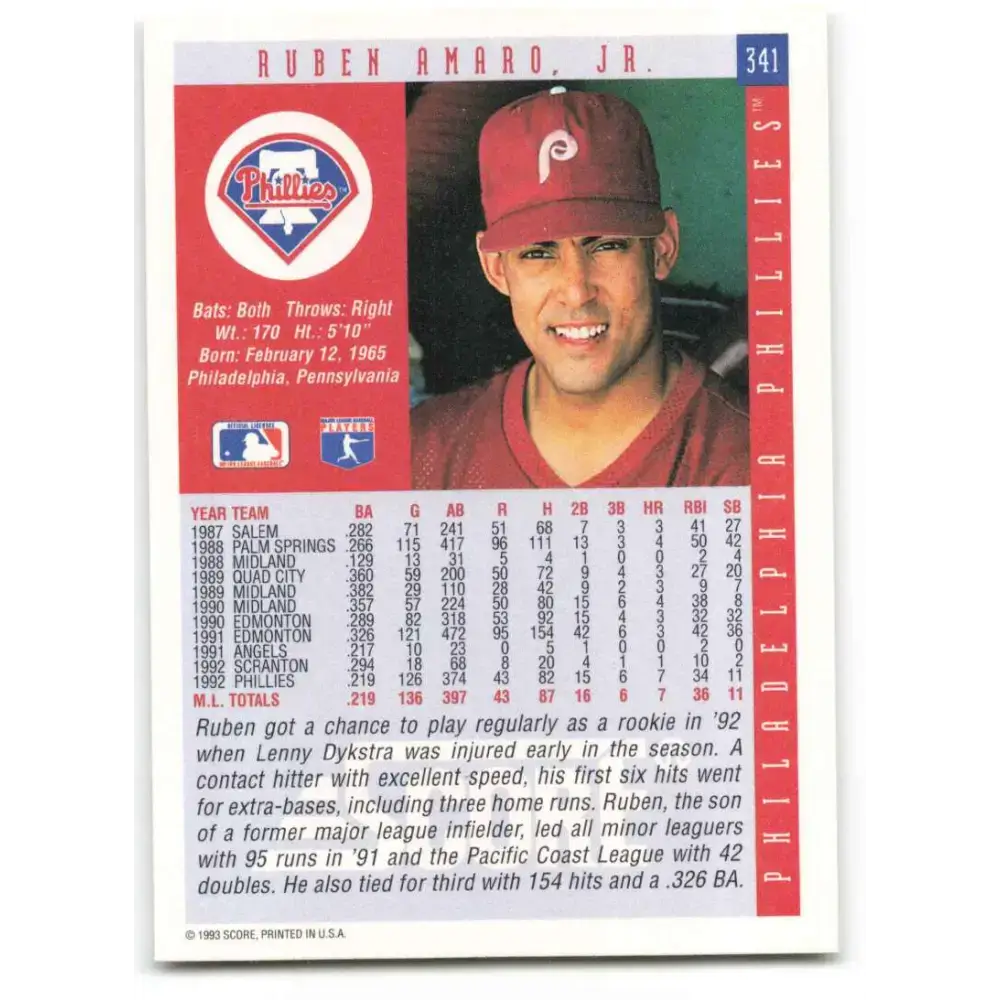 1993 Score #341 Ruben Amaro NM-MT Philadelphia Phillies Baseball Card - Baseball Card Single