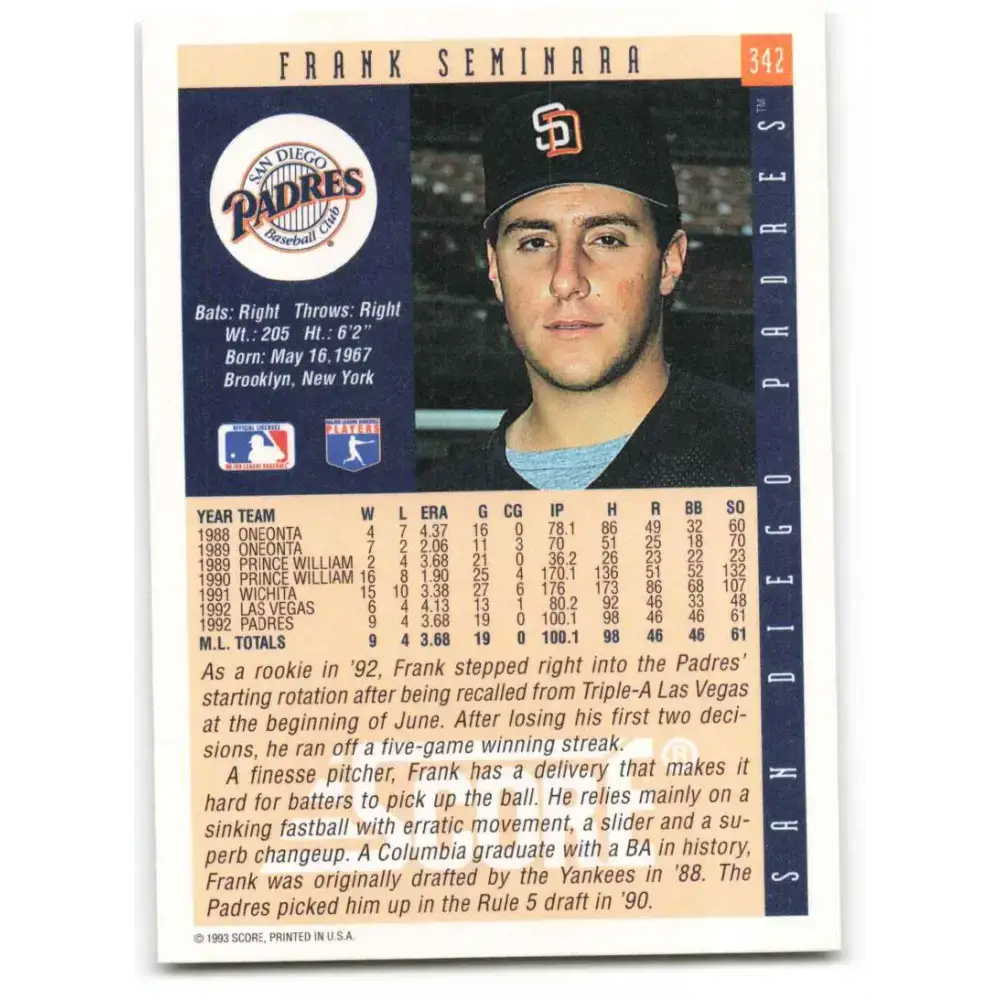 1993 Score #342 Frank Seminara NM-MT San Diego Padres Baseball Card - Baseball Card Single