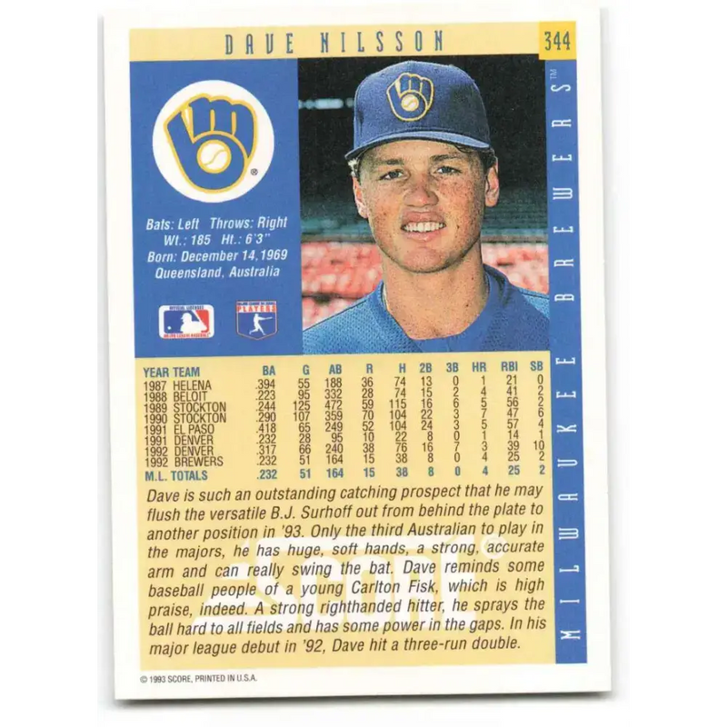 1993 Score #344 Dave Nilsson NM-MT Milwaukee Brewers Baseball Card - Baseball Card Single