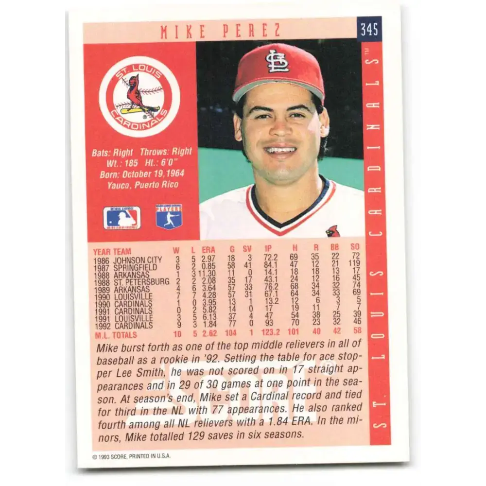 1993 Score #345 Mike Perez NM-MT St. Louis Cardinals Baseball Card - Baseball Card Single
