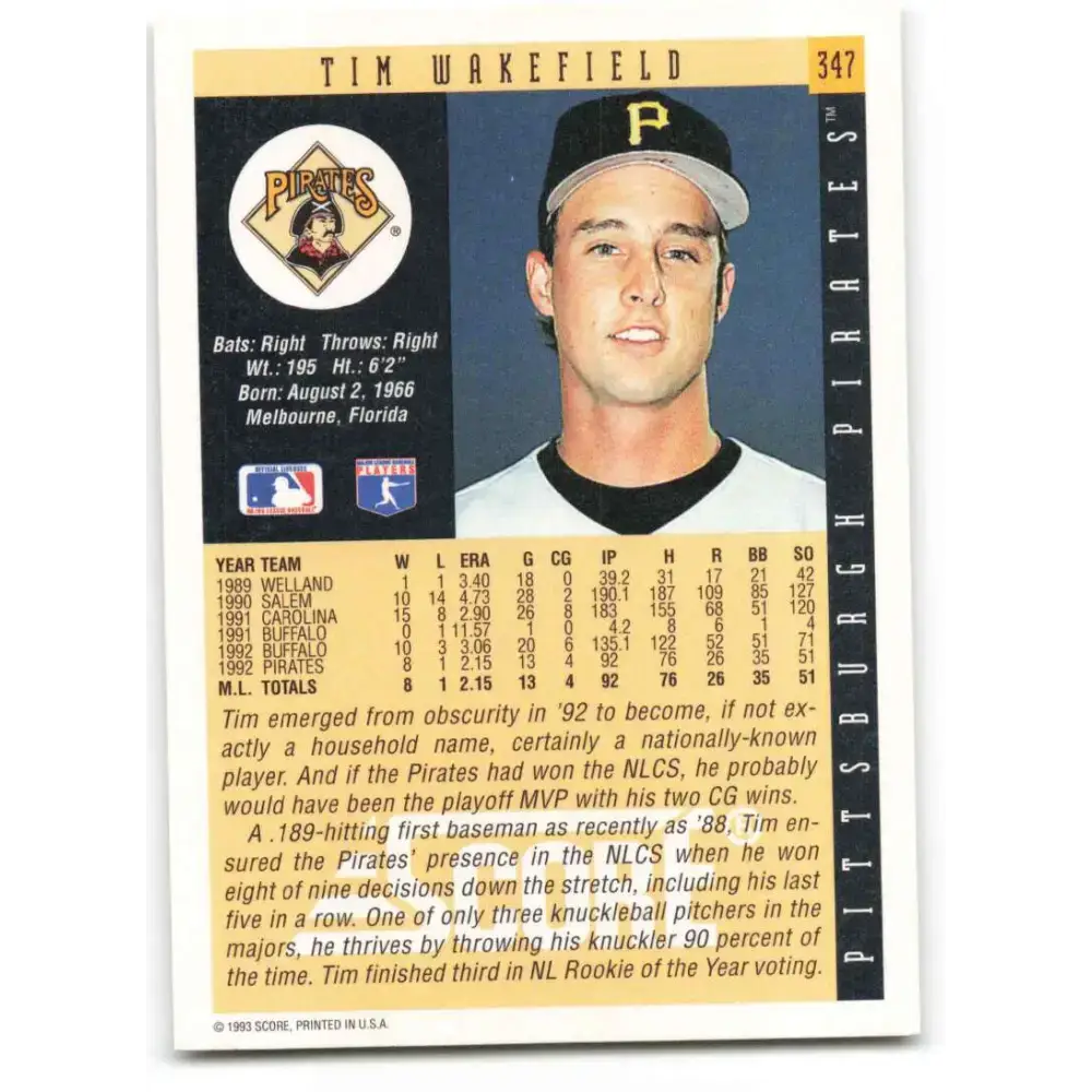 1993 Score #347 Tim Wakefield NM-MT Pittsburgh Pirates Baseball Card - Baseball Card Single