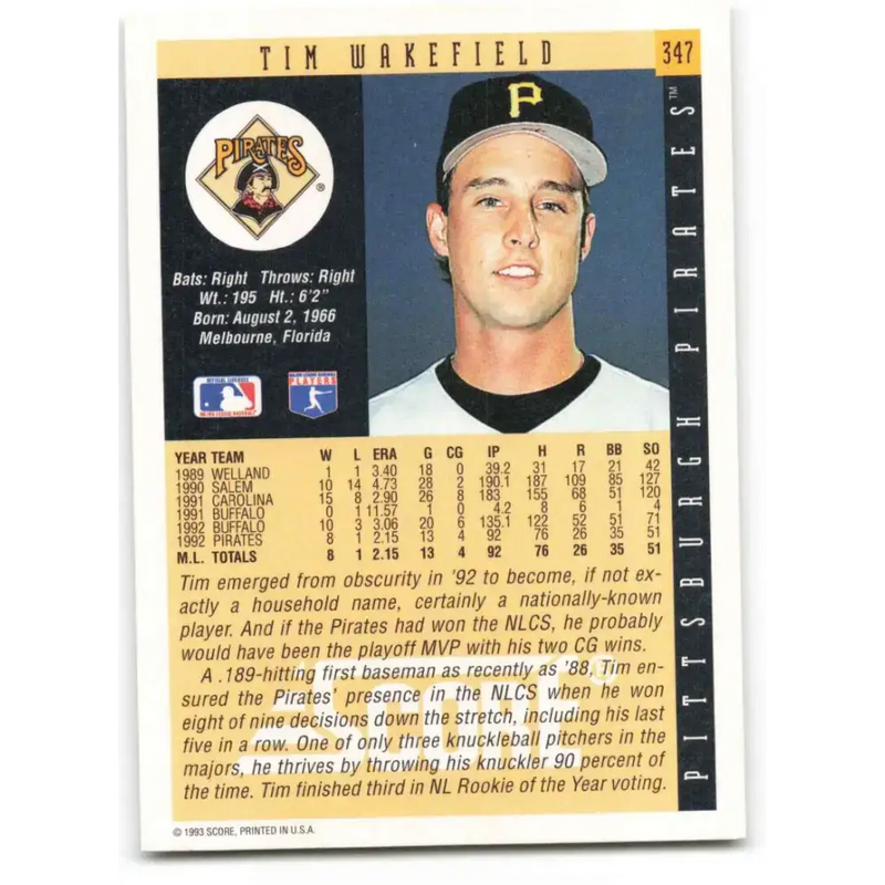 1993 Score #347 Tim Wakefield NM-MT Pittsburgh Pirates Baseball Card - Baseball Card Single