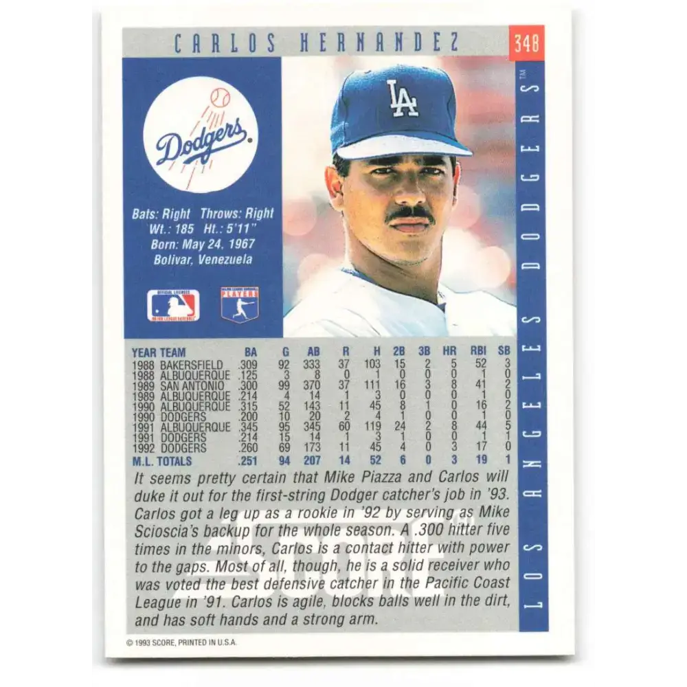 1993 Score #348 Carlos Hernandez NM-MT Los Angeles Dodgers Baseball Card - Baseball Card Single