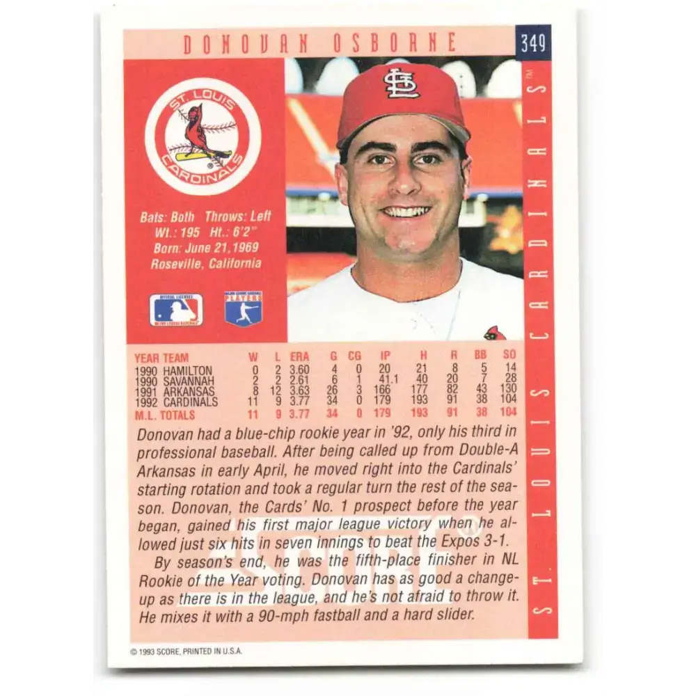 1993 Score #349 Donovan Osborne NM-MT St. Louis Cardinals Baseball Card - Baseball Card Single