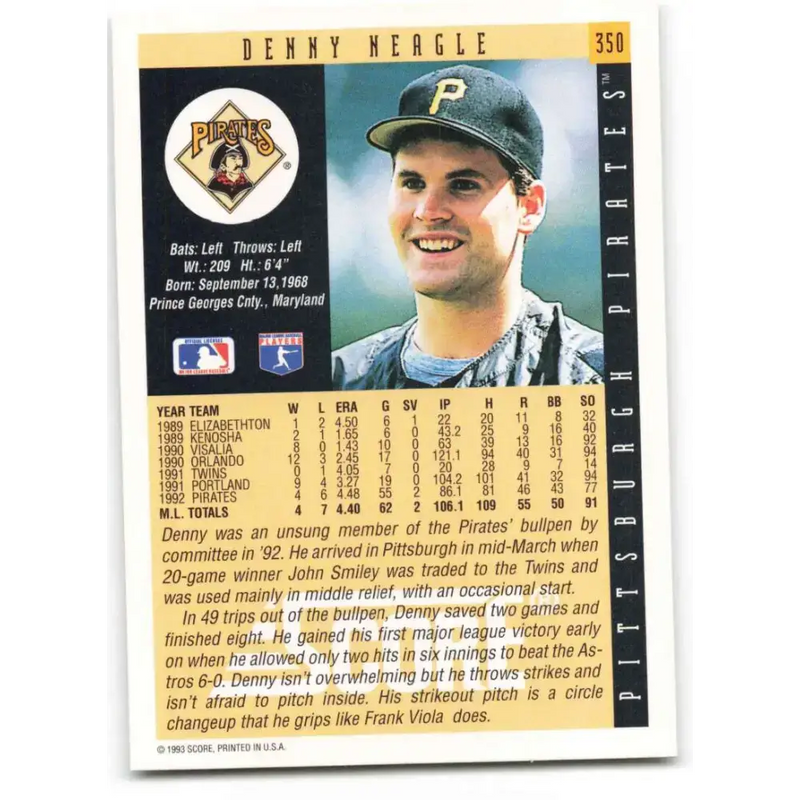 1993 Score #350 Denny Neagle NM-MT Pittsburgh Pirates Baseball Card - Baseball Card Single