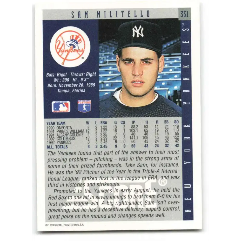 1993 Score #351 Sam Militello NM-MT New York Yankees Baseball Card - Baseball Card Single