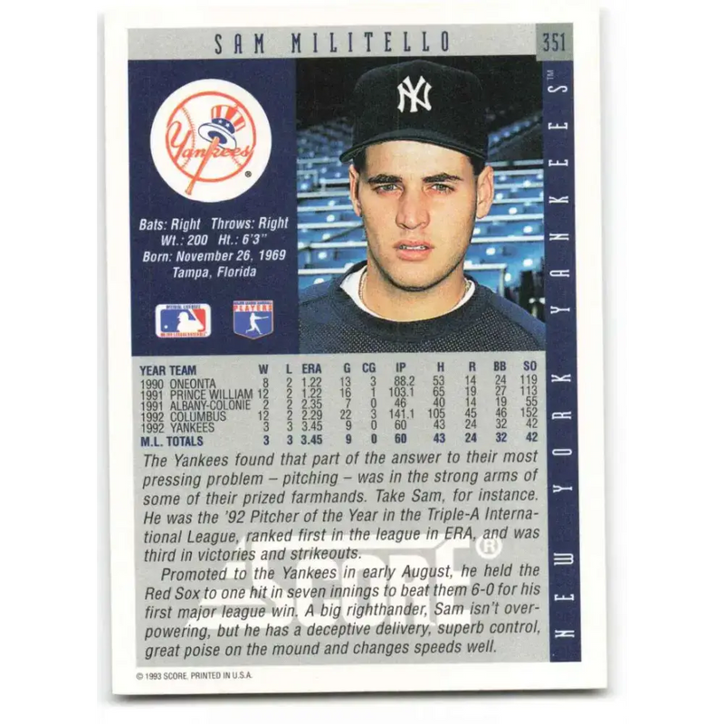 1993 Score #351 Sam Militello NM-MT New York Yankees Baseball Card - Baseball Card Single