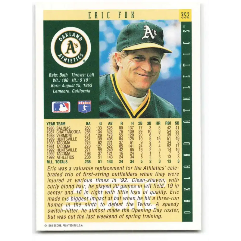 1993 Score #352 Eric Fox NM-MT Oakland Athletics Baseball Card - Baseball Card Single