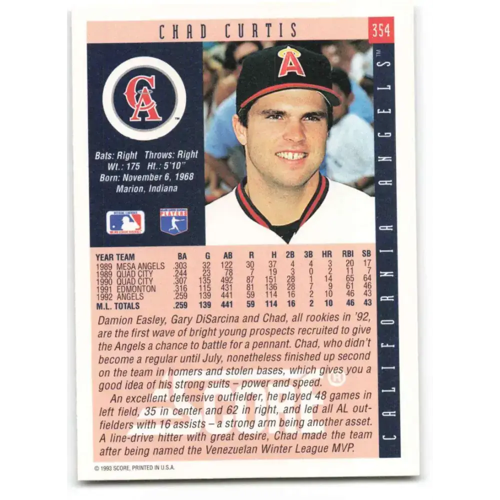1993 Score #354 Chad Curtis NM-MT California Angels Baseball Card - Baseball Card Single