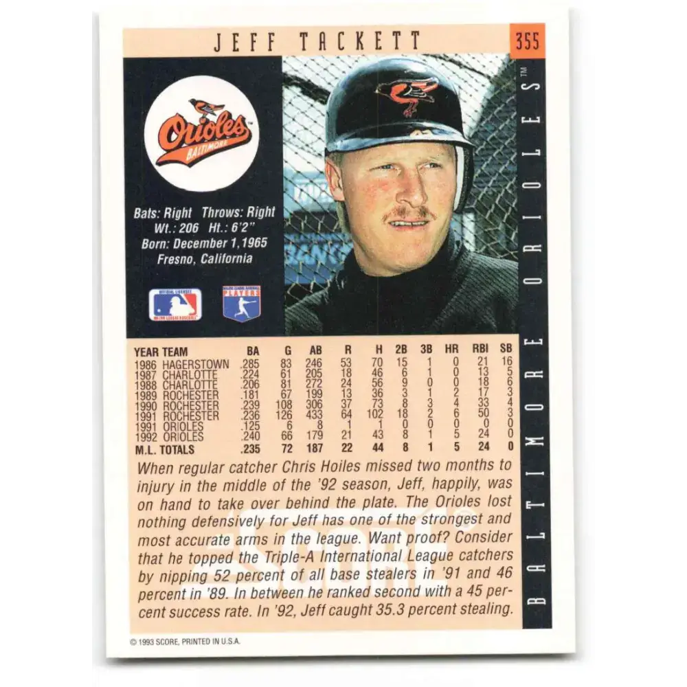1993 Score #355 Jeff Tackett NM-MT Baltimore Orioles Baseball Card - Baseball Card Single