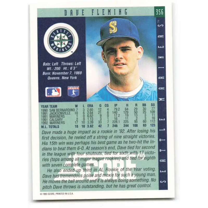 1993 Score #356 Dave Fleming NM-MT Seattle Mariners Baseball Card - Baseball Card Single