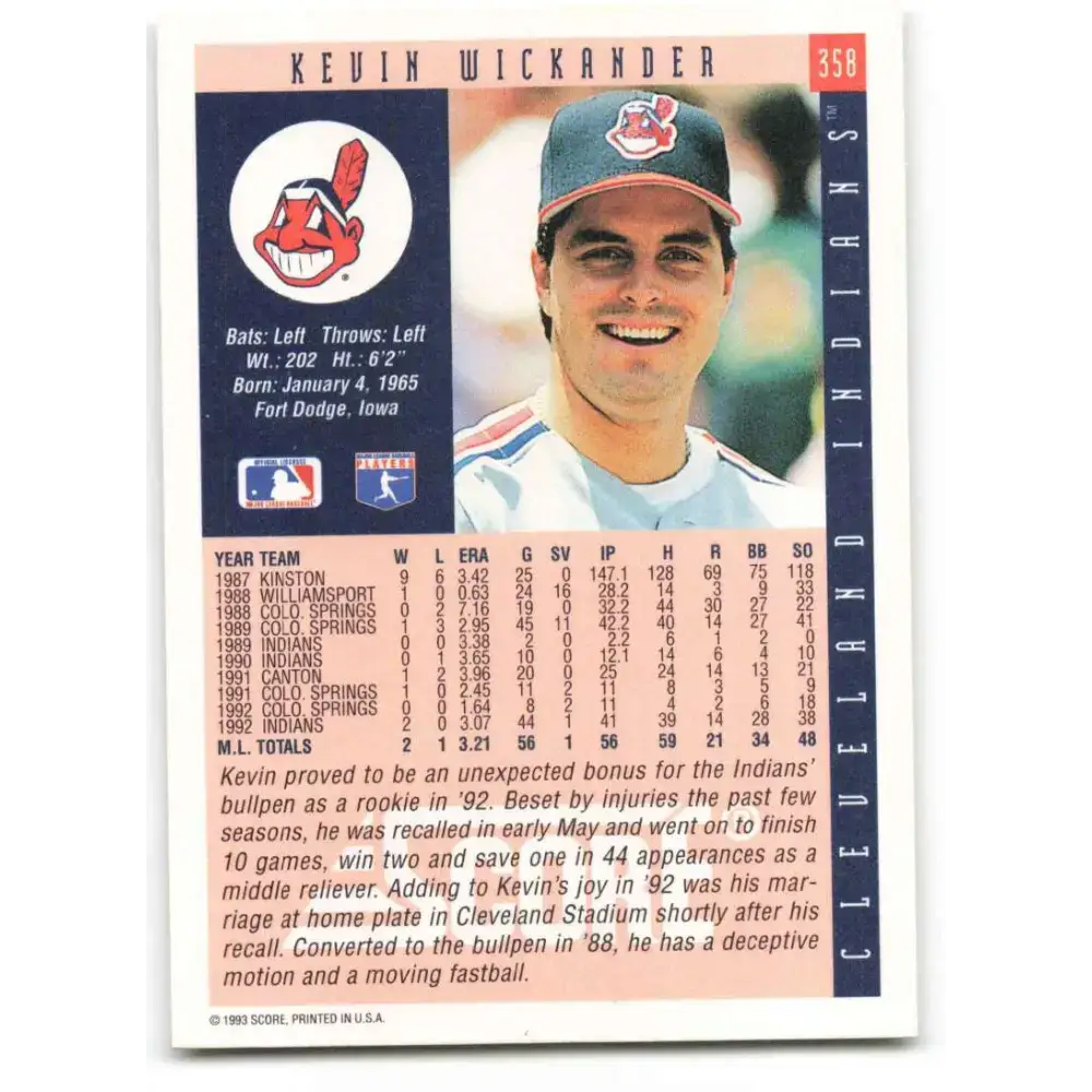 1993 Score #358 Kevin Wickander NM-MT Cleveland Indians Baseball Card - Baseball Card Single