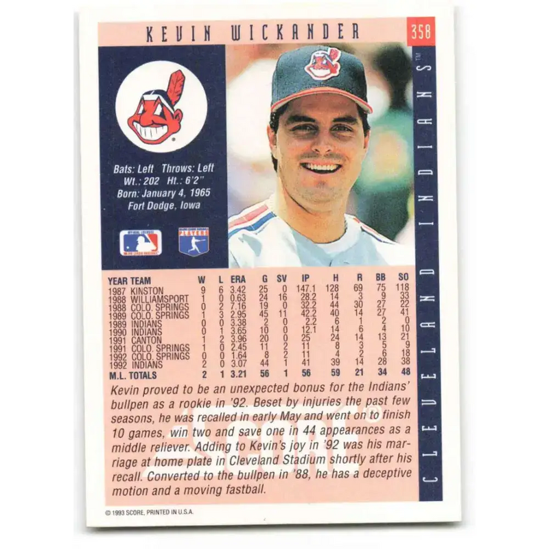 1993 Score #358 Kevin Wickander NM-MT Cleveland Indians Baseball Card - Baseball Card Single