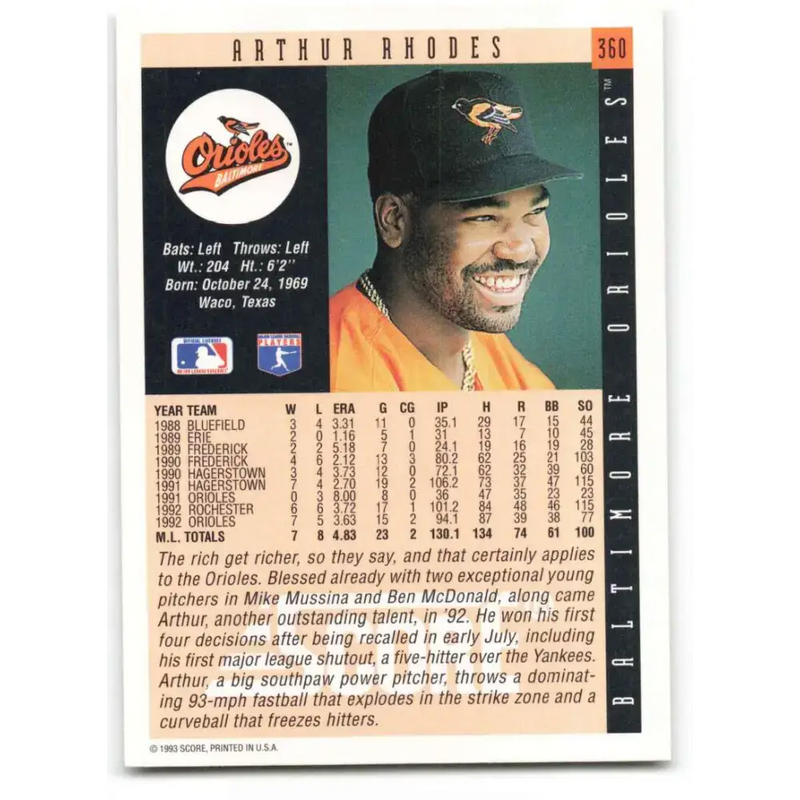 1993 Score #360 Arthur Rhodes NM-MT Baltimore Orioles Baseball Card - Baseball Card Single