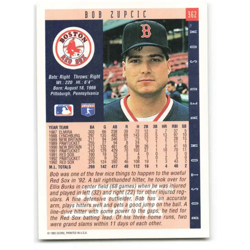 1993 Score #362 Bob Zupcic NM-MT Boston Red Sox Baseball Card - Baseball Card Single