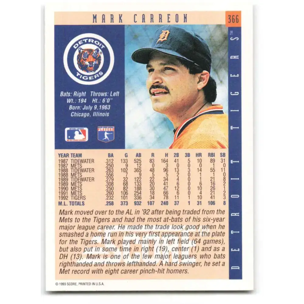 1993 Score #366 Mark Carreon NM-MT Detroit Tigers Baseball Card - Baseball Card Single