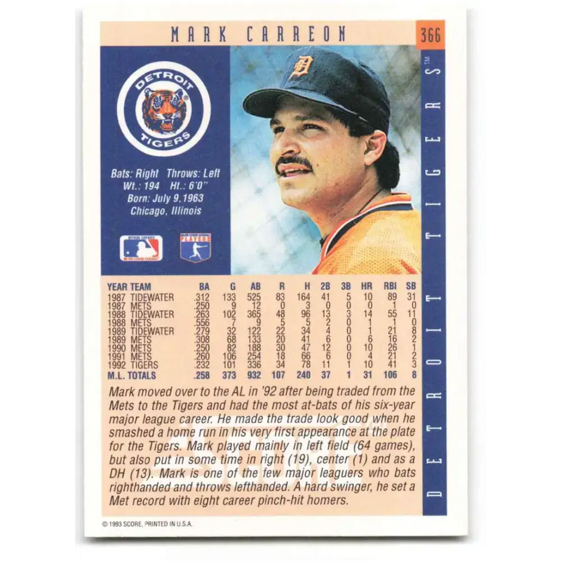 1993 Score #366 Mark Carreon NM-MT Detroit Tigers Baseball Card - Baseball Card Single