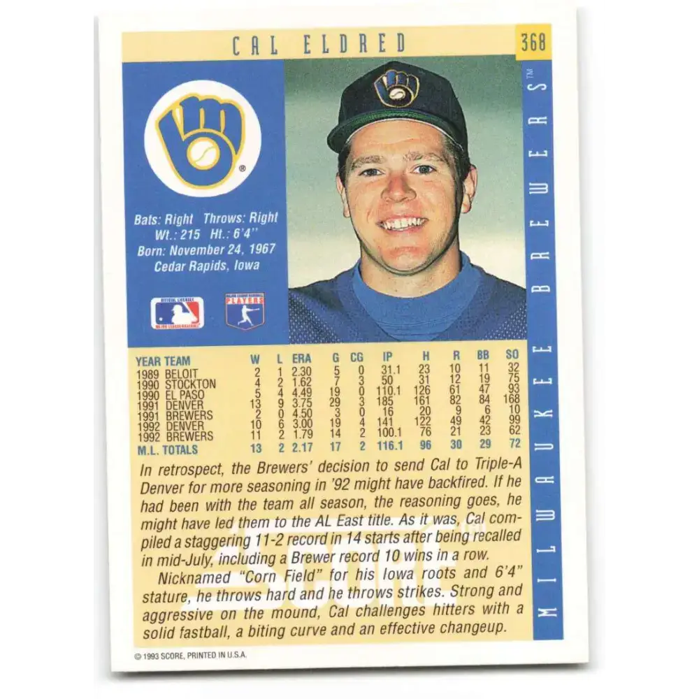 1993 Score #368 Cal Eldred NM-MT Milwaukee Brewers Baseball Card - Baseball Card Single