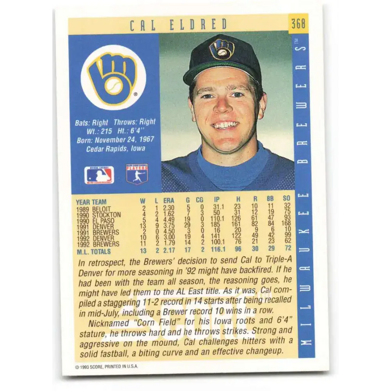 1993 Score #368 Cal Eldred NM-MT Milwaukee Brewers Baseball Card - Baseball Card Single