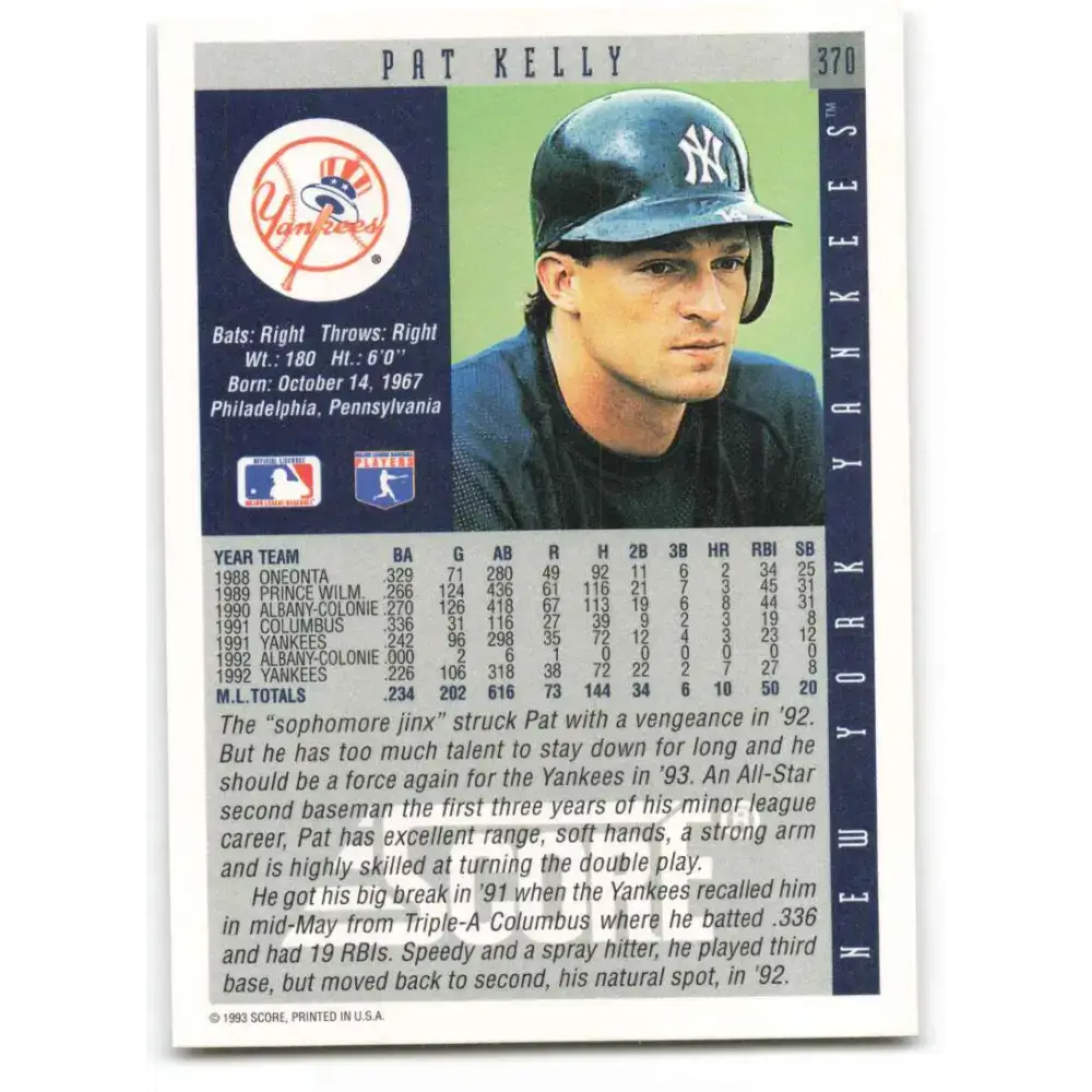 1993 Score #370 Pat Kelly NM-MT New York Yankees Baseball Card - Baseball Card Single