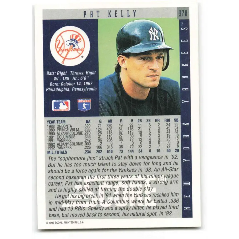 1993 Score #370 Pat Kelly NM-MT New York Yankees Baseball Card - Baseball Card Single